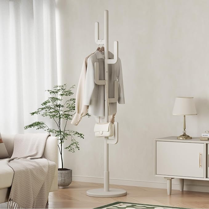 Solid Wood Cactus Coat Rack, Freestanding Coat Rack With 6 L-Shaped Hooks and 3 Adjustable Sizes, Coat Tree for Bedroom, Entryway, Livingroom, Coat Hanger Stand for Coats, Handbags (White)