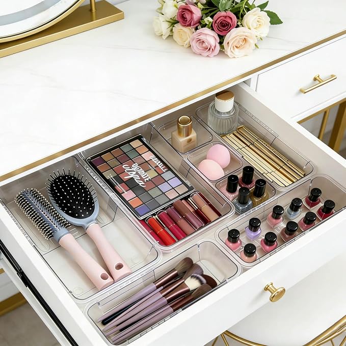 14 PCS Adjustable Clear Drawer Organizer Set - 3-Size Acrylic Storage Boxes for Makeup, Stationery, Kitchen Utensils, Tools & Bedroom Dresser Organization