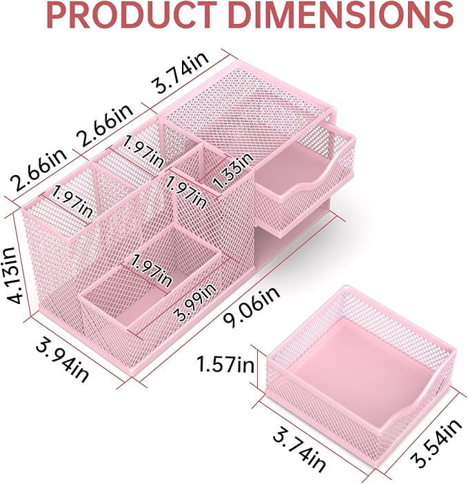 Mesh Desk Organizer with 2 Drawers, Metal Pen Holder for Desk, Pink | Versatile Storage for Pens, Notes, Clips, Desk Accessories and Office Supplies for School Office Classroom