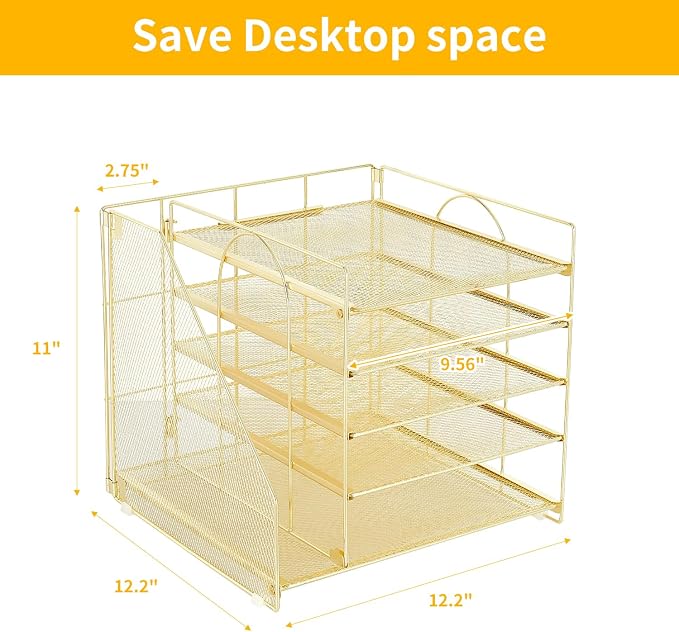 LEKETREE Desk Organizers and Accessories, 5-Tier Paper Letter Tray Organizer with File Holder, Desktop Organizer for Office Supplies (Gold)