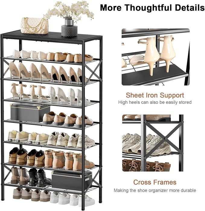 8 Tier Metal Shoe Rack with Wood Top, 24-32 Pairs Black | 52in tall maximizes vertical space. 2 iron sheets for heels. Remove a layer for tall boots. Versatile for home.