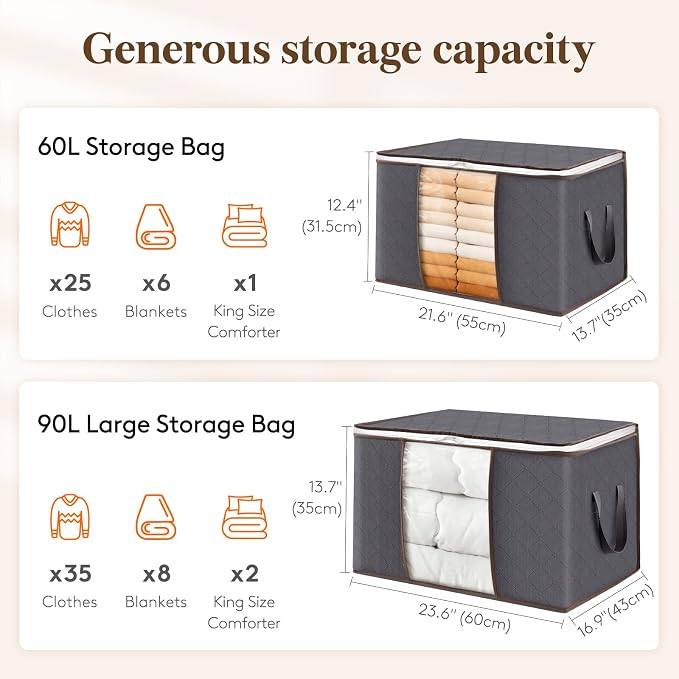 Lifewit 90L Large Storage Bags, 6 Pack Closet Organizers and Storage, Clothes Storage Bins with Lids, Foldable Storage Containers with Reinforced Handles for Clothing, Blanket, Bedding, Comforter Gray