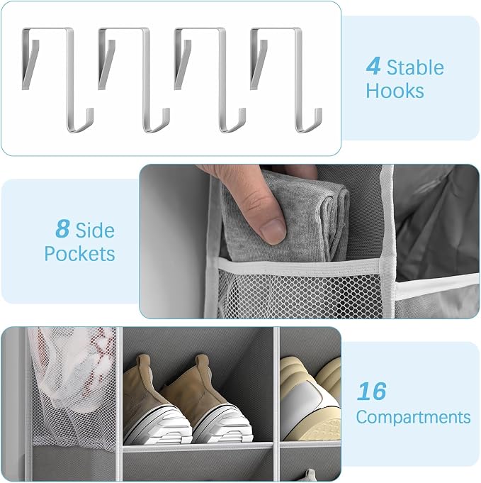 Yecaye 16-24 Pairs Over the Door Shoe Organizer, Large Capacity Hanging Shoe Rack for Door Hanger with Deep Pockets, 8 Tier Shoe Holder for Sneakers Boots Heels College Dorm Essentials, Grey