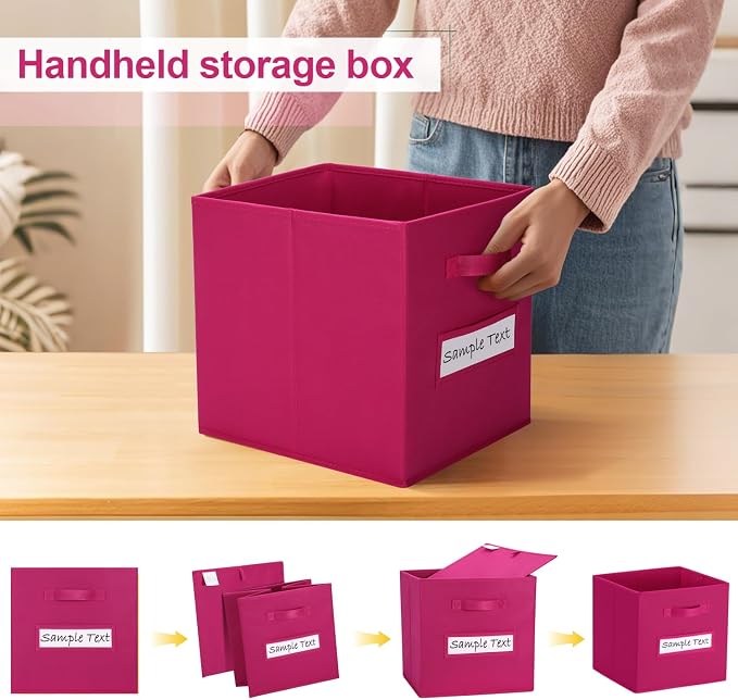 13x13 storage cube bins (Set of 10) Foldable Fabric storage cubes with 10 Labels Window Cards & a Pen,13 inch cube storage bins,Closet Organizers for Shelves,Cubby Organizer Boxes,Dark pink