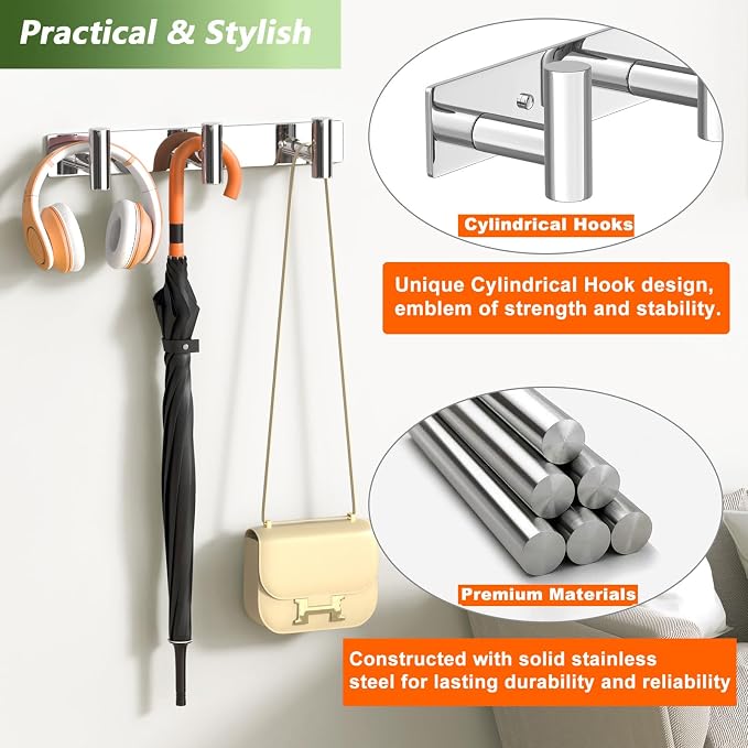 Wall Mounted Coat Rack-3 Hooks, Heavy Duty Stainless Steel Wall Hooks for Towel Coat Bag, Hat Rack Hanger Coat Hooks Towel Racks for Bathroom Entryway Kitchen Hotel (Glossy Chrome, 1 Pack)