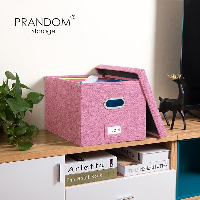 File Organizer Box - Set of 2 Collapsible Decorative Linen Filing Storage Hanging File Folders with Lids Office Cabinet Letter/Legal Size Pink (17x14x11.2 inch)