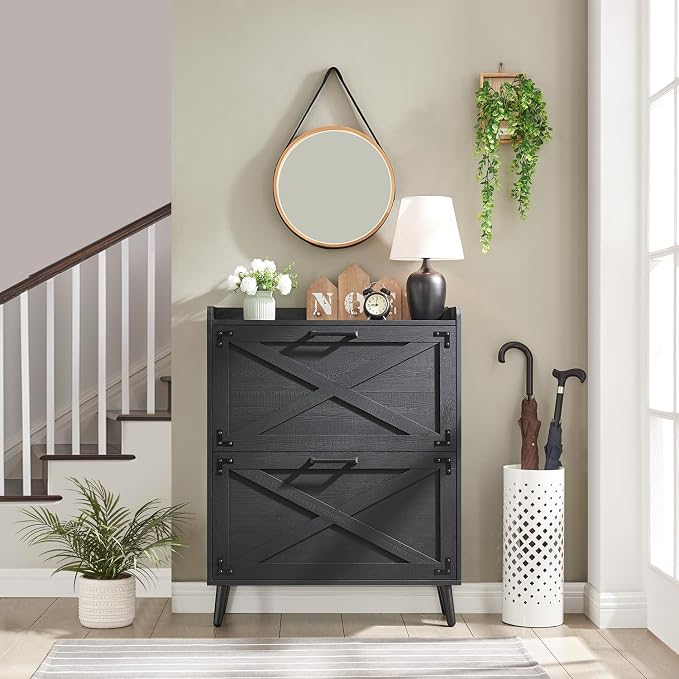 Barnyatoh Farmhouse Shoe Storage Cabinet with 2 Flip Drawers & Barn Door | Freestanding Hidden Slim Narrow Shoe Rack, Adjustable Shelves,Wood Shoes Organizer for Entryway, Foyer, Hallway, Black