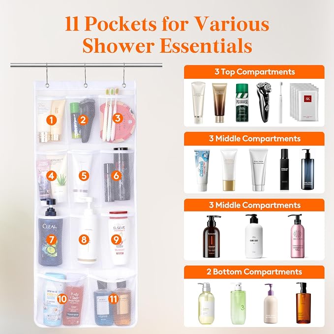 Lifewit Mesh Shower Caddy, 11 Pockets Hanging Shower Organizer with Quick Drying Mesh, Portable Space Saving Bathroom Organizer to Hold Soap, Shampoo and Cruise Ship Essentials, White, 1 Pack