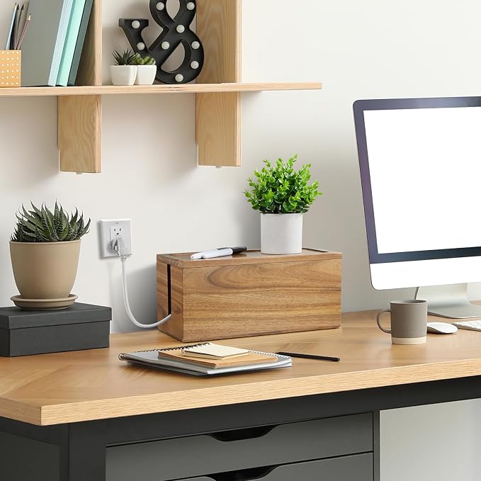 Bivvclaz Cable Management Box Medium, Acacia Wooden Cord Organizer Box for Desk, Floor, Office to Hide Extension Cords Power Stripes Surge Protectors Chargers Wires