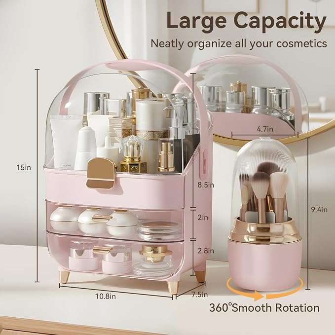 Makeup Organizer for Vanity with Brush Holder, Lid and 2 Drawers, Pink | Large Capacity Bathroom Counter Organizer for Skincare, Cosmetic Storage, Dustproof, Waterproof, Teen Girl Gifts