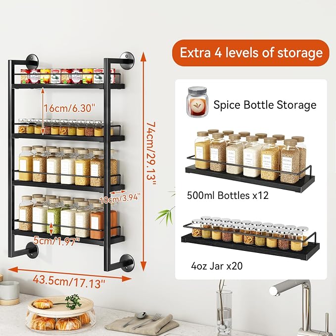 IBUYKE 4 Tier Spice Rack Wall Mount for Kitchen,Black TLJ016B | Hanging Seasoning Organizer,Large Spice Rack for Wall Spice Organization for Kitchen Cabinet Bathroom Pantry Living Room