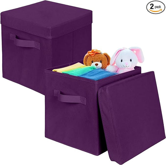 ShellKingdom Storage Bins, Foldable Fabric Storage Cube with Lid for Closet | Clothes Storage Organizer Drawer For Closet Toys Storage, 10.5 X 10.5 X 11 INCH, 2 Pack (Purple)