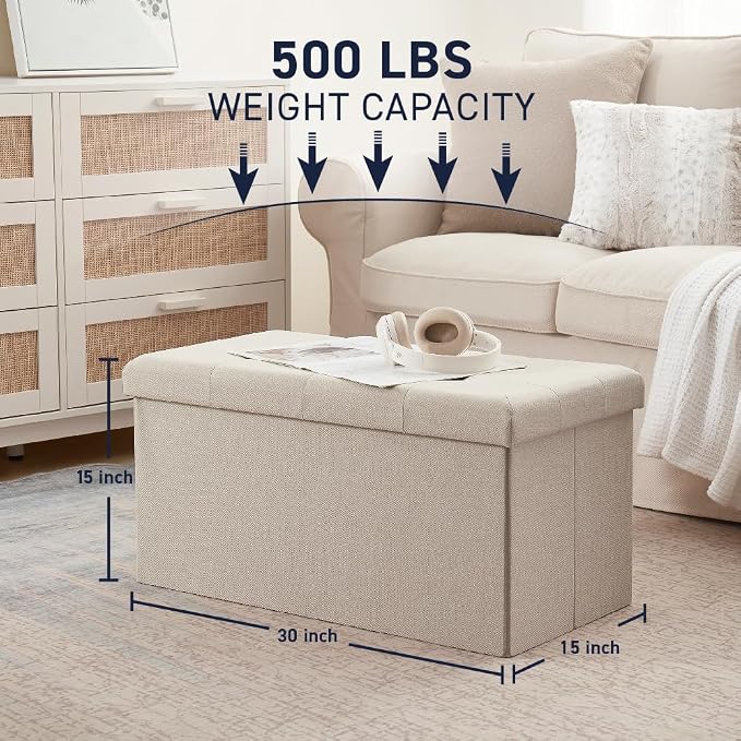 Ornavo Home 30 Inch Folding Storage Ottoman Bench, Tufted Linen, Beige | Upholstered Large Ottoman with Lid; Foot Rest Stool; Ideal for Bedroom, Living Room or Entryway