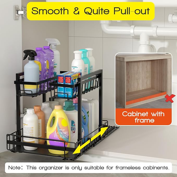 NADAMOO Expandable Under Sink Organizer, 2-Tier Pull Out Cabinet Organizer | Expandable Width, 3-Level Height Adjustment, Metal Storage Rack with 3 Slide Rails for Kitchen Bathroom Laundry, Black