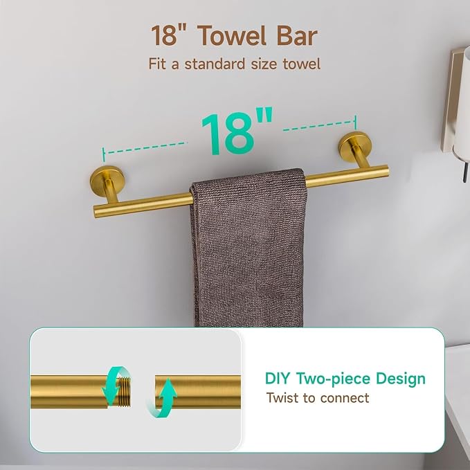 USHOWER 4PCS Brass Gold Bathroom Accessories Set, 18-Inch Towel Bar Set | Durable SUS304 Stainless Steel Bathroom Hardware Set, Towel Racks for Bathroom Wall Mounted, Modern Home Decor
