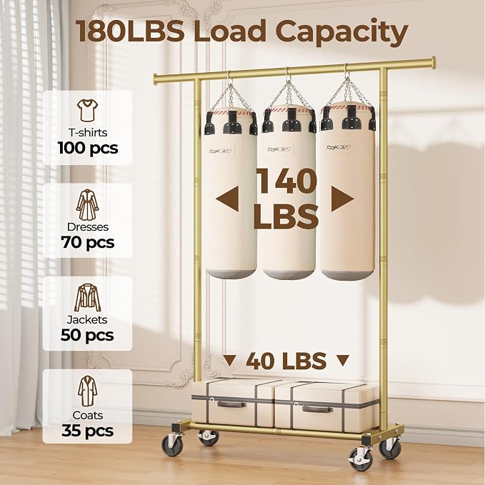 HYSEYY Clothes Rack, Clothing Rack for Hanging Clothes, Rolling Garment Rack Sturdy Coat Rack Portable Wardrobe Rack Metal Closet Rack for Bedroom Laundry Living Room, Warm Gold
