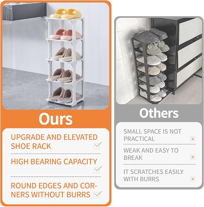 5 Tiers Vertical Shoe Rack, Narrow Free Standing Shoe Storage Organizer for Entryway and Small Closet, Stackable Shoe Holder Shelf Stability DIY, Grey