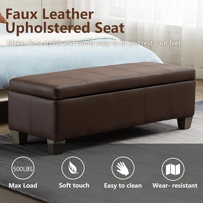 51 Inch Storage Ottoman, Storage Bench with Safety Hinge, Upholstered Synthetic Leather Ottoman Bench for Bedroom, Living Room, Entryway, Hallway, Foot Rest, Support 500lbs, Brown