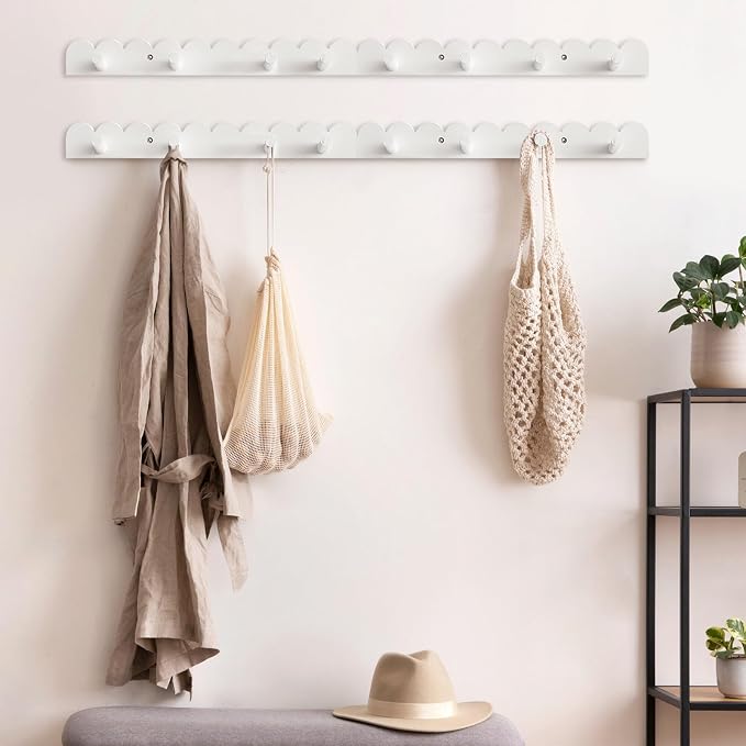 Leinuosen 4 Pack Scalloped Coat Rack Wall Mount Cute Nursery Wall Hook 16 Inch 16 Hooks Wood Backpack Hanger for Toddler Kids Clothes Hat Towel Keys Bathroom Classroom Playroom Nursery Decor