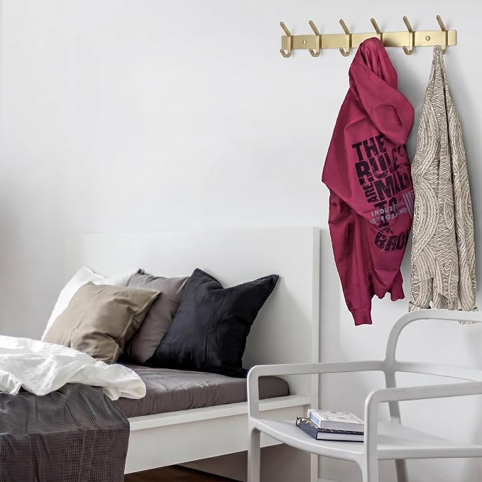 Brushed Gold Wall Mounted Coat Rack – 17 Inch Stainless Steel Rail with 6 Double Coat Hooks for Entryway, Bathroom, Bedroom, Kitchen – Modern Gold Hook Rack for Coats, Hats, Towels - 2 Pack