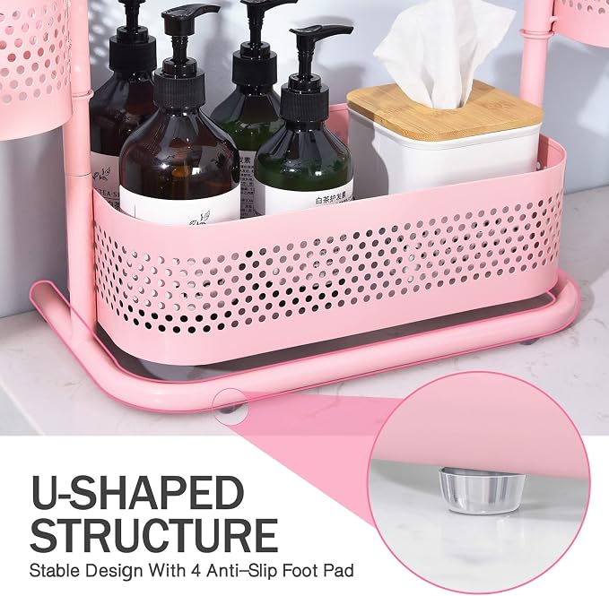 KINGRACK Metal Bathroom Counter Organizer，Rotating Countertop Storage Shelf | 3 Tier, Makeup Tray for Vanity, Perfume & Skincare, Standing Shelf for Bathroom Counter Storage, Pink