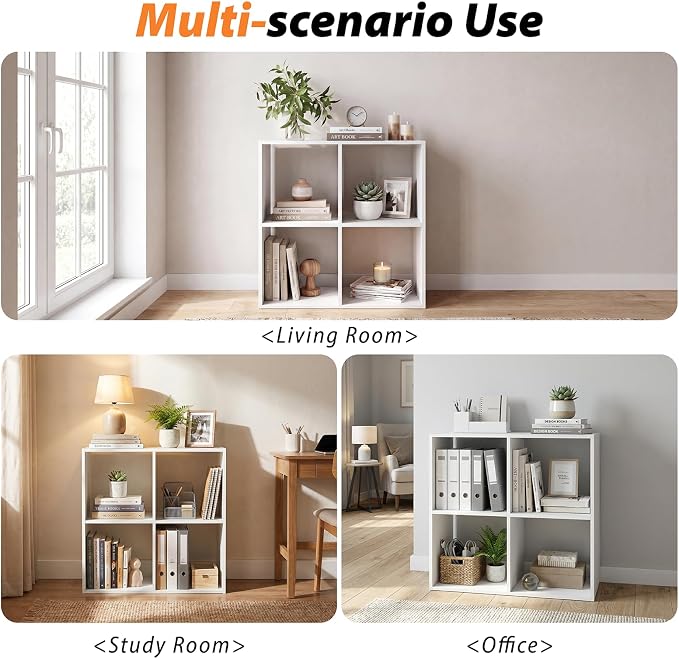WannabeMyself【Sturdy Build&Easy Assembly】 4 Cube Storage Organizer with Anti-Tipping Kits,Reversible Open Back Book Shelf, Bookcase for Living Room,Bedroom,Entrance Hall,Office,24.1×11.4×24.1,White