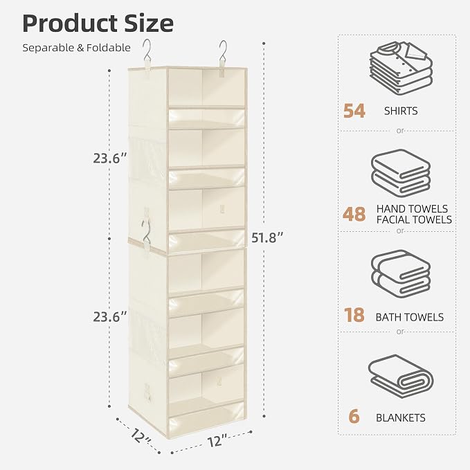 STORAGE MANIAC 6-Shelf Hanging Closet Organizer and Storage, 2 Separable 3-Shelf Haning Organizers for Closet, Collapsible Hanging Shelves Wardrobe Organization, College Dorm Room, Nursery, Beige