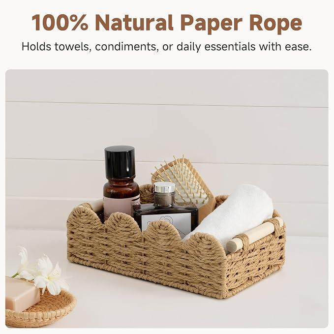 StorageWorks Toilet Paper Storage Basket 2 Pack, Toilet Basket with Wooden Handles, Small Wicker Decorative Scalloped Baskets for Organizing, Living Room, Shelves, Brown Rope Baskets