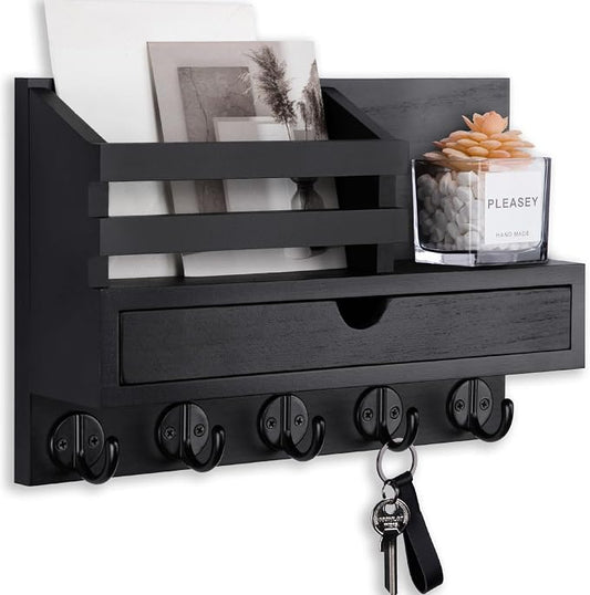 Key Holder Wall Mount, Mail Holder with Storage Drawer and 5 Key Hooks for Coat, Dog Leash, Home Decor Rack, House Accessories, Entry Way Organizer