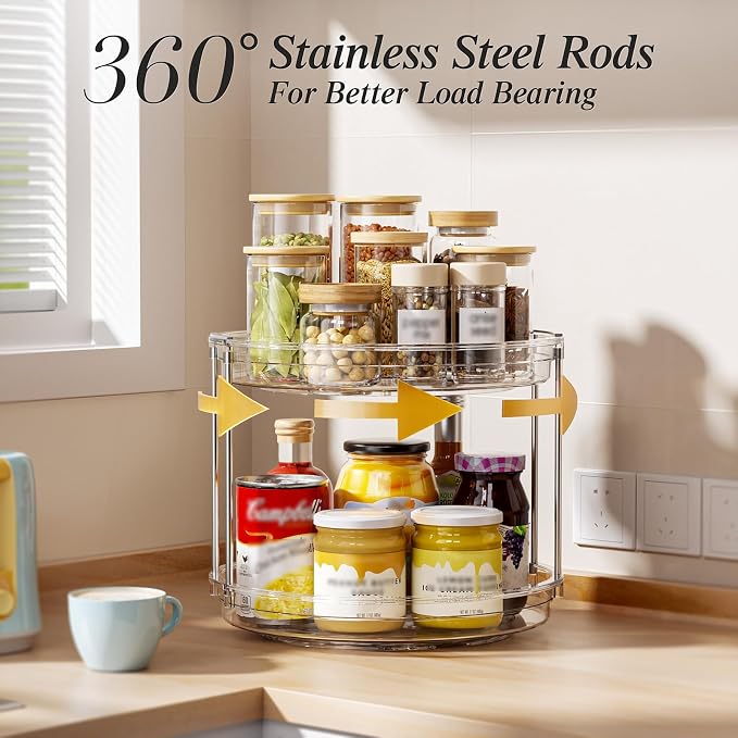 LAMU 3 Pack 10.6'' 2-Tier Lazy Susan Turntable Organizer Rotating Spice Rack Organization for Cabinet, Kitchen, Pantry, Countertop, Bathroom, Vanity, Makeup Organizer, Clear