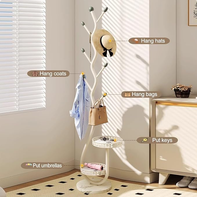 Metal Standing Coat Rack, Small Space Coat Rack Freestanding Hanger Coat Stand with Natural Metal Base & 8 Hooks, Tree-Shaped Coat Rack for Entryway, Hallway, Bedroom, can Hang Clothes, Hats (White)