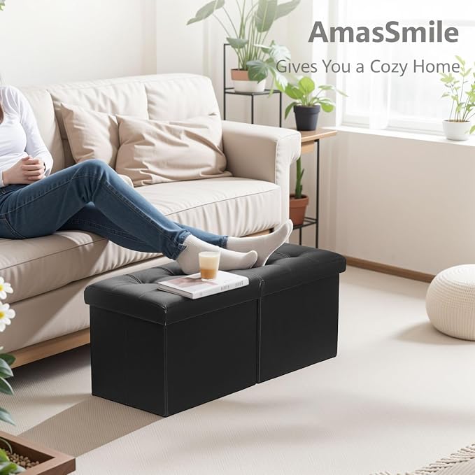 AmasSmile Footrest Ottoman Storage Bench, 34" Leather Folding Stool, Black | Large Ottoman with Storage, Thicker Foam Padded Seat, Livingroom, Dorm, Bedroom, Entryway, Easy to install,34 x 13 x 13in