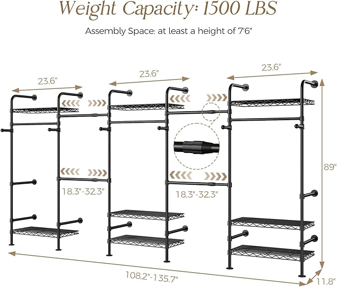 Closet Organizers and Storage, 5-Row Heavy Duty Clothes Rack for Hanging Clothes, Wall Mounted Closet System with 4 Telescopic Rods, 3 Fixed Rods, 6 Hooks, 8 Shelves for Wardrobe, Bedroom, Small Space