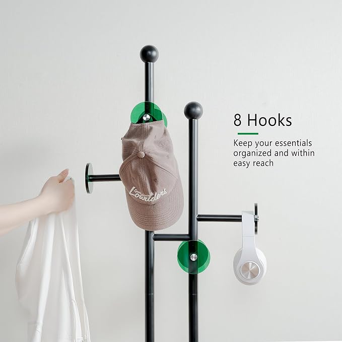 Metal Standing Coat Rack for Entryway Bedroom Living Room (Black) | Easy Assembly, Compact Footprint, Space Saver, Metal Frame, Marble Base, Sturdy, 8 Spherical Hooks, Office, Corner