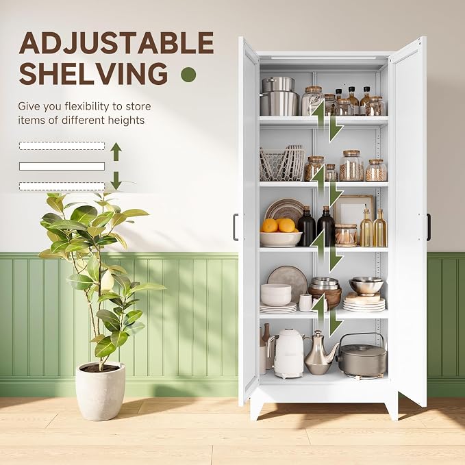 Letaya 75" H Metal Storage Cabinet with 2 Doors and 4 Shelves,Tall Kitchen Pantry Cabinets,Farmhouse Utility Pantry Organizers for Cupboard/Dining/Bathroom/Home Office/Garage,White