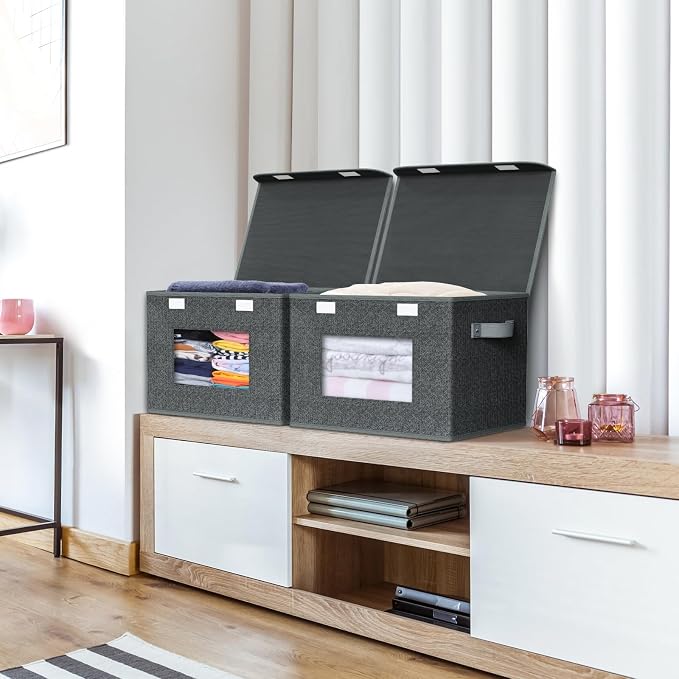 Univivi Fabric Foldable Storage Boxes with Lids, 4 Pack, Black | 17 x 12 x 12 In Large Storage Bins with lid & Carry Handles, Stackable Design Closet Storage Containers for Home Clothes