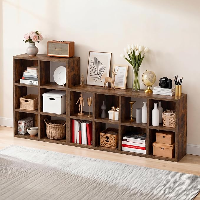 LUCKLIFE 6-Cube Storage Organizer, Stackable Modular Bookcase Shelf with Vertical or Horizontal Use, Fits 11×11" Bins, Optional Back Panels, for Living Room, Office, Rustic Brown