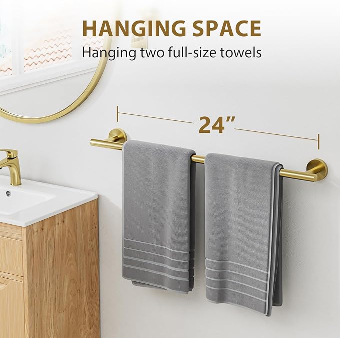 Luxbaro 24 Inch Brushed Gold Towel Bar, Thicken, Total Length 26-Inch | Towel Rack for Bathroom Wall, SUS304 Stainless Steel Towel Rod, Modern Home Decor