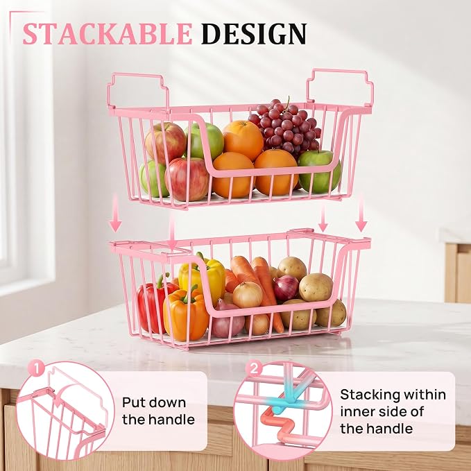 SUNALLY Stackable Storage Bins 4 Pcs Wire Baskets Freezer Organizer, Pink | Pantry Organizers Storage, Vegetable Fruit Storage Basket for Countertop, Kitchen Baskets for Onion Potato Snack Cans Storage