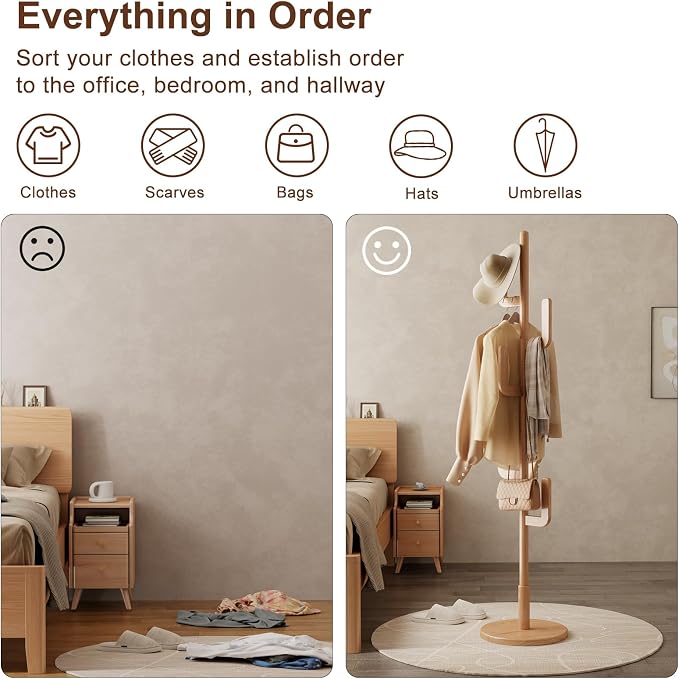 Solid Wood Cactus Coat Rack, Freestanding Coat Rack With 6 L-Shaped Hooks and 3 Adjustable Sizes, Coat Tree for Bedroom, Entryway, Livingroom, Coat Hanger Stand for Coats, Handbags (Natural)