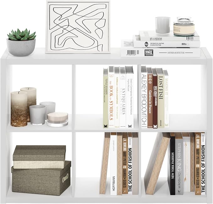 Furinno CUBICLE 6-Cube Book Shelf, Extra Thick Frame Bookshelf, White | 14.6" x 44" x 30", Horizontally & Vertically Reversible Bookcase with Open Back, for Living Room, Bedroom, Home Office