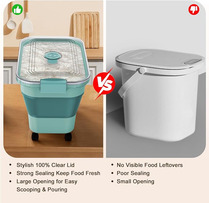 Rice Storage Container, Collapsible Airtight Food Storage Containers 20-30lbs with Clear Lid and Wheels, Rice Dispenser with Scoop for Flour Cereal Pasta Grain, Cat Pet Bird Dog Food Storage Container