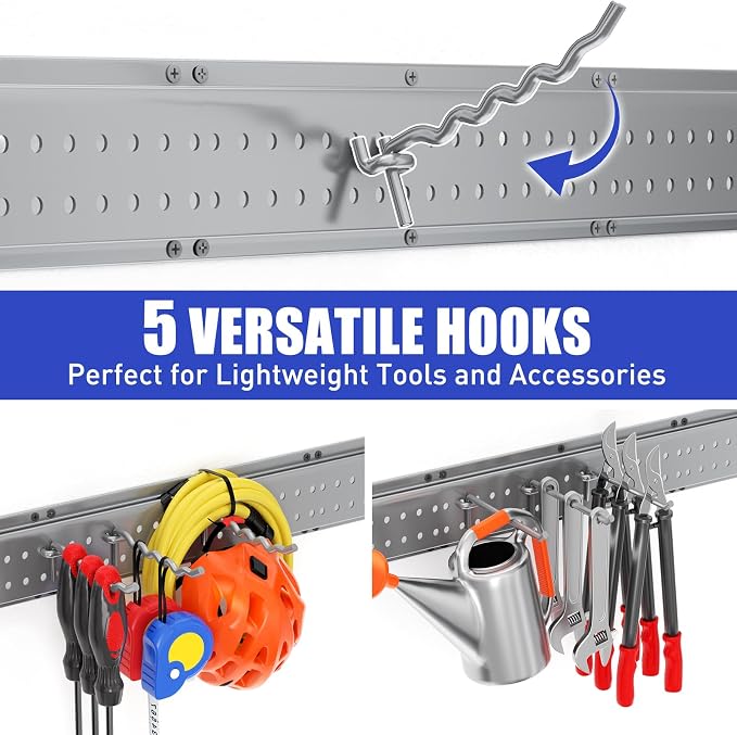 Garage Tool Organizer Wall Mount 49.5 inches with 10 Adjustable Heavy-Duty Hooks, Garage Organization, Garden Tool Storage Rack, Yard, and Shed, Holds Up to 400 lbs (Grey)