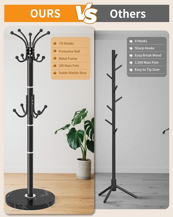 Modern Coat Rack Stand, 360° Rotary Metal Freestanding Coat Rack with Natural Marble Base, White Coat Racks and Coat Hanger Tree Jacket Stand with 14 Hooks for Office, Entryway, Hallway