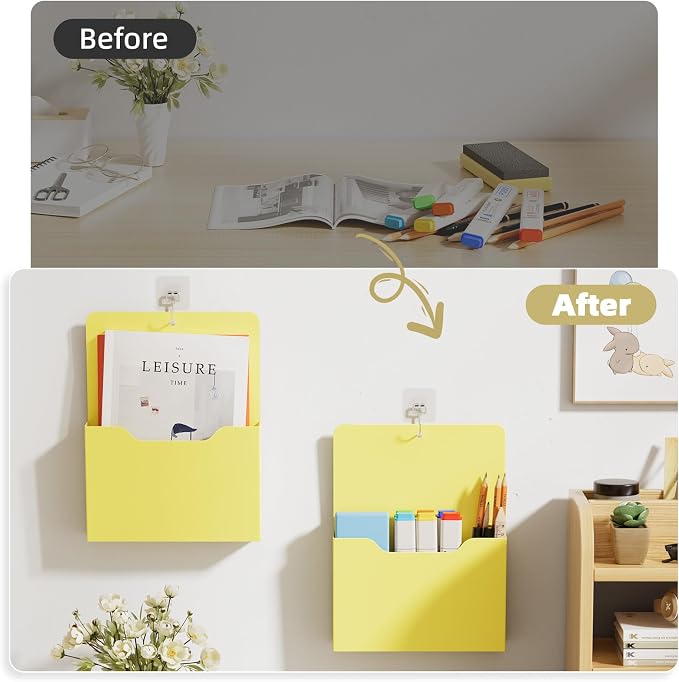 Marbrasse 2 Pack Magnetic File Holder - Paper Holder, Pocket Organizer,Hanging Wall File Organizer Office Supplies Storage, Magazine Mail Organizer Case for Notebooks,Planners,Letter (Yellow)