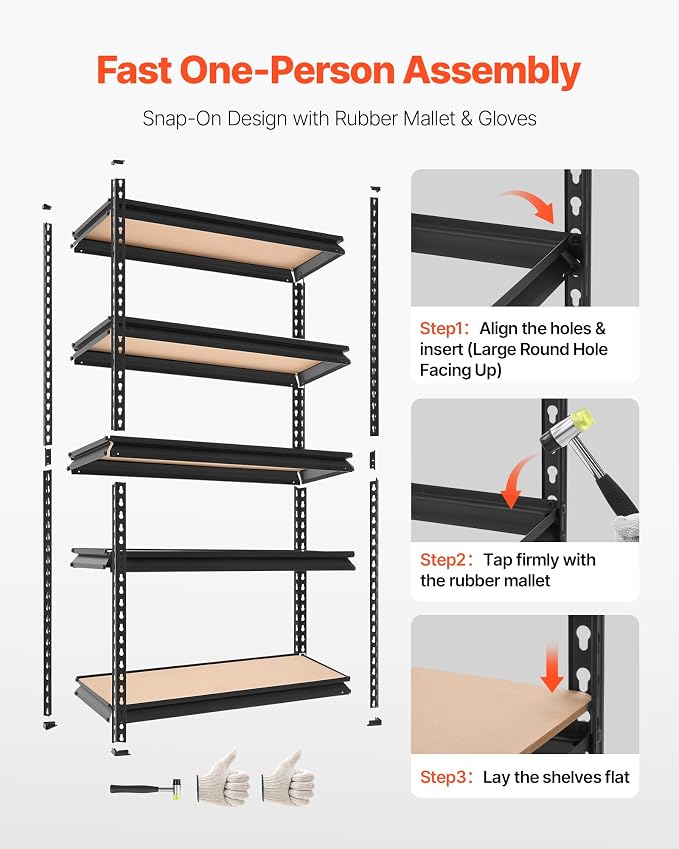 VEVOR Storage Shelves, 5-Tier Adjustable, 2000 lbs Capacity, Heavy Duty Garage Storage Shelving Unit, Metal Utility Rack Shelf, for Kitchen Pantry Basement Bathroom, 32.36" W x 16.34" D x 62.76" H