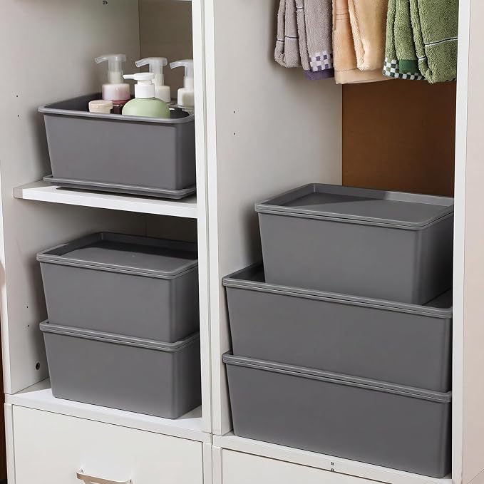 6 Pcs Plastic Storage Bins with Lids Stackable Storage Containers Durable Box Baskets for Organizing Shelves Playroom Classroom Office (Large and Small,Grey)