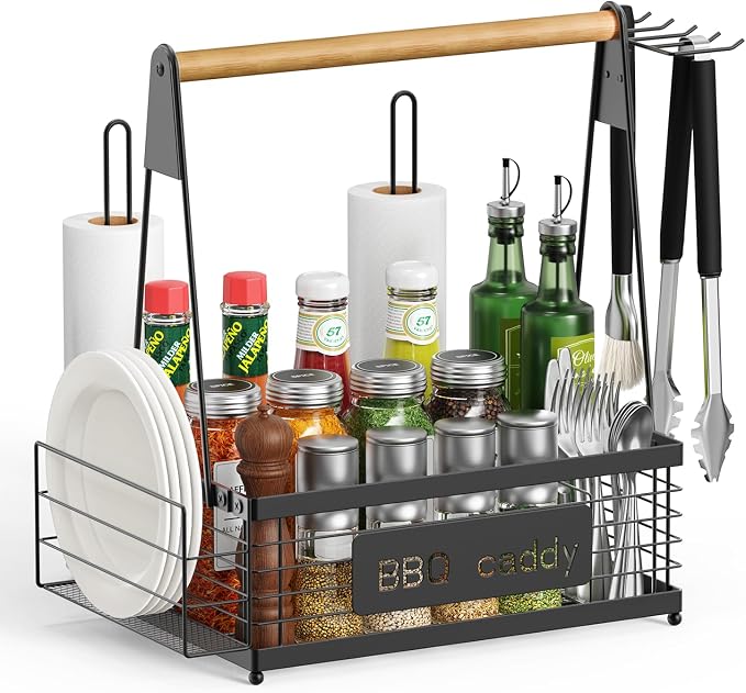 Grill Caddy BBQ Organizer for Grilling Tools & Supplies | paper towel & foil holder, fits 8" plates, removable wood handle, for camping, patio, Kitchen, Picnic, RV