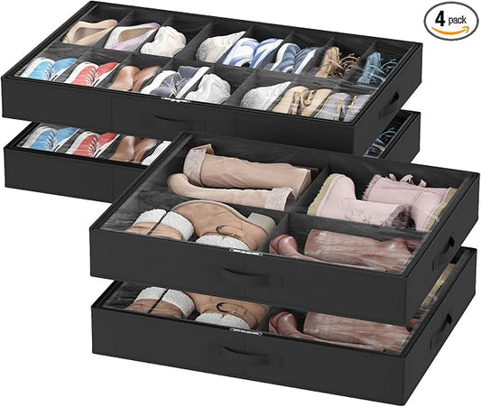 Lifewit Under Bed Shoe Storage Organizer 2 Pack(16 Shoes Cells+4 Boots Cells), 4.3 Inches Profile Fabric Shoes Container Box with Clear Cover, Foldable Storage Bag with 2 Handles, Fits 24 to 40 Pairs