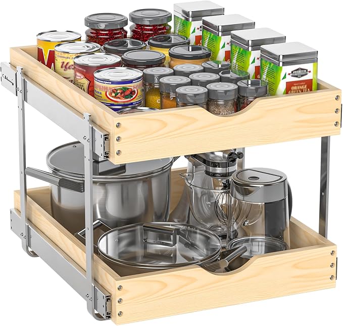 21" Deep 2-Tier Pull Out Cabinet Organizer - Wood Pull Out Drawers | Slide Out Shelves, Full-Extension, Ball-Bearing Slides, 3 Adjustable Heights (2-Tier, 20''W X 21''D Overall)